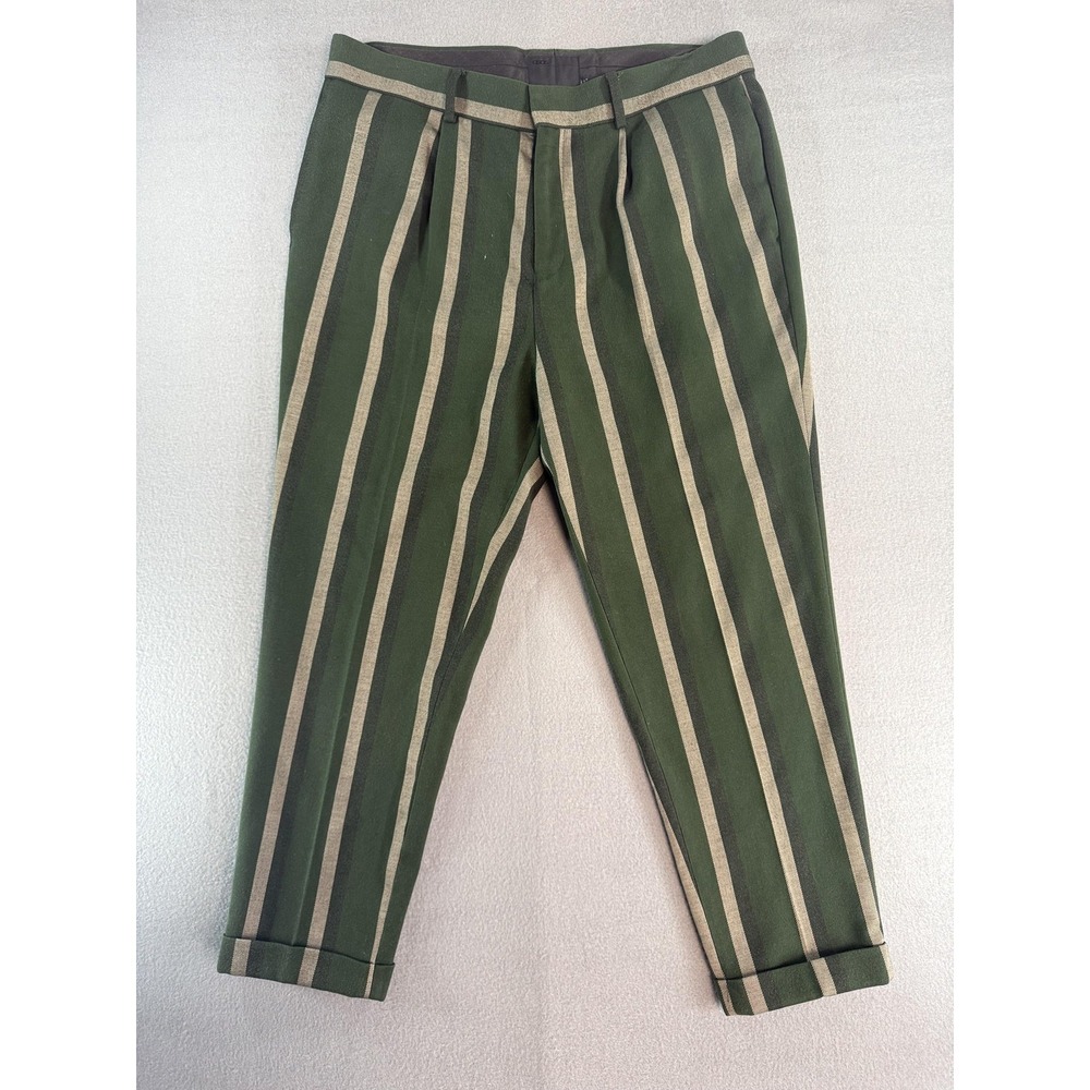 ASOS Pants Mens 36x26 Green Slim Fit Cropped Pleated Cuffed Striped Casual